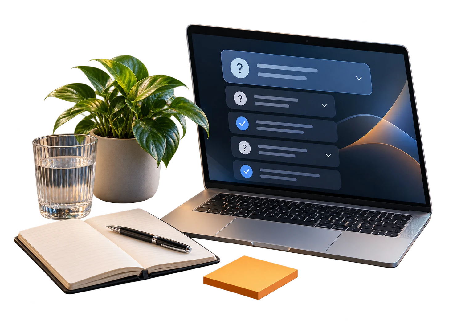 Laptop showing frequently asked questions beside a notebook and plant